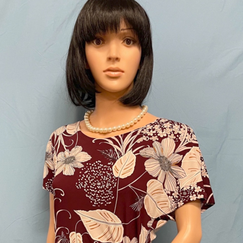 SIGNATURE ROBBIE BEE Burgundy & Ivory Stretch Beach or Social Dress S